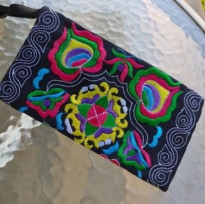 Black & Colorful Embroidered Boho Clutch Purse